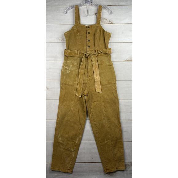 Universal Thread Overalls Women’s Size 8 Gold Denim Stretch Belted Pockets Y2K - Picture 1 of 12